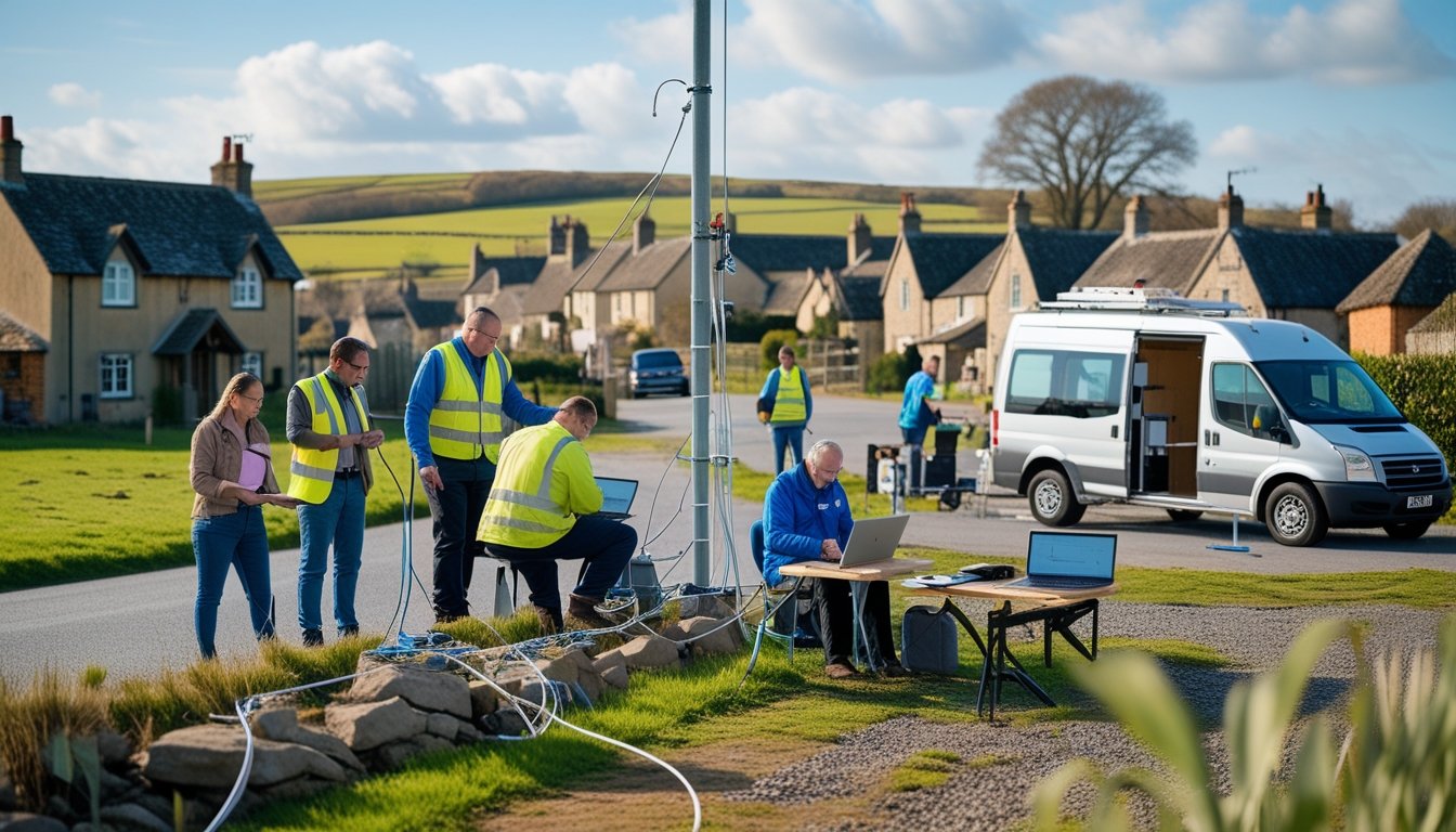 People in a rural UK village working together to install digital infrastructure and learn digital skills outdoors near traditional houses and green fields.