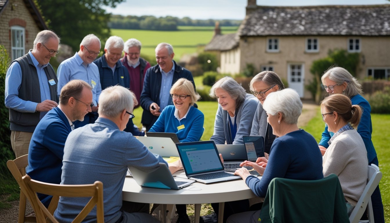 A group of adults in a rural UK village learning digital skills together outdoors using laptops and tablets.