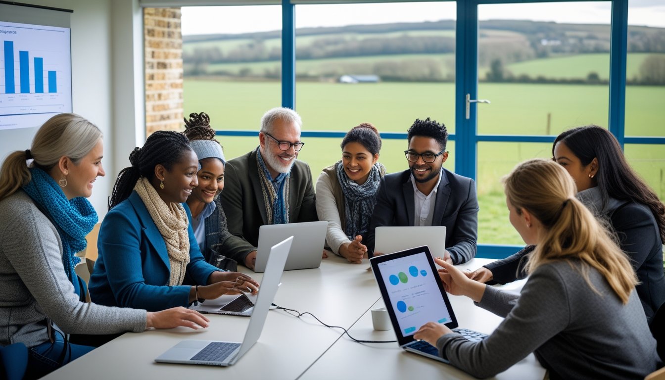 A group of rural entrepreneurs learning digital skills together in a bright community centre with countryside visible outside.