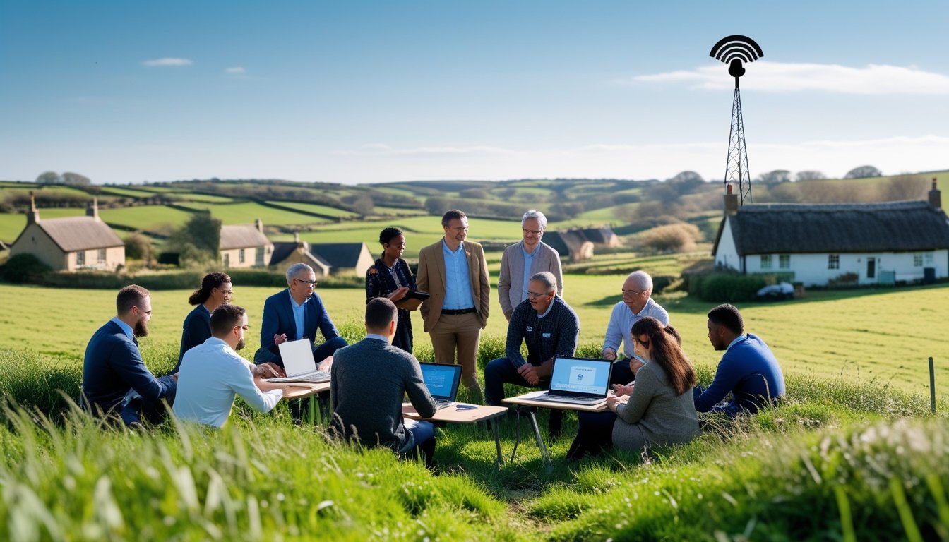 A group of rural entrepreneurs using laptops and tablets outdoors in a green countryside with cottages and a mobile signal tower in the background.