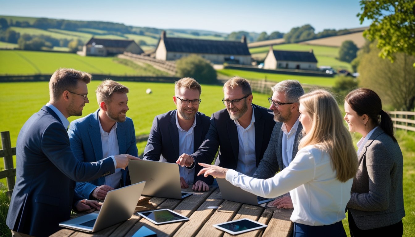 A group of rural entrepreneurs working together outdoors with digital devices in a green countryside setting.