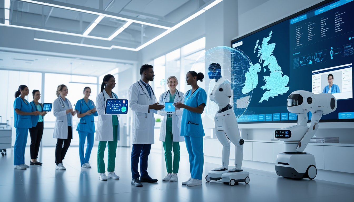 Medical professionals using advanced AI technology and telemedicine to provide healthcare across the UK, with a digital map showing remote connections.