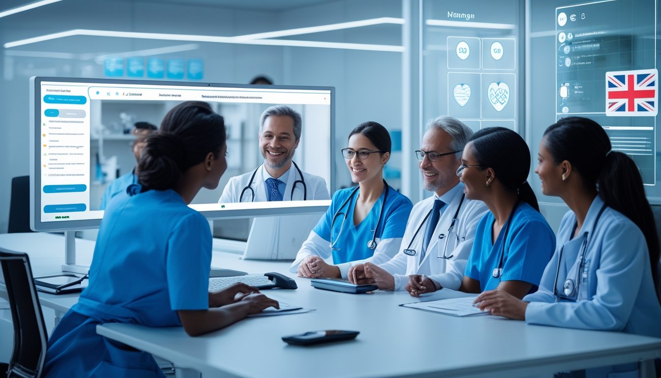 Healthcare professionals conducting a remote video consultation with a patient using advanced technology in a modern medical office in the UK.