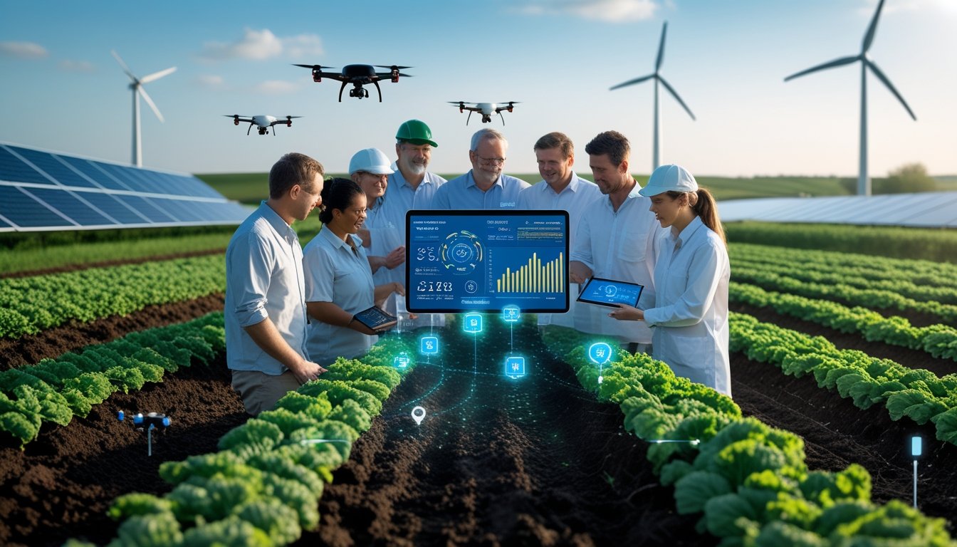 Farmers and scientists on a green UK farm using a digital tablet with solar panels and wind turbines in the background.