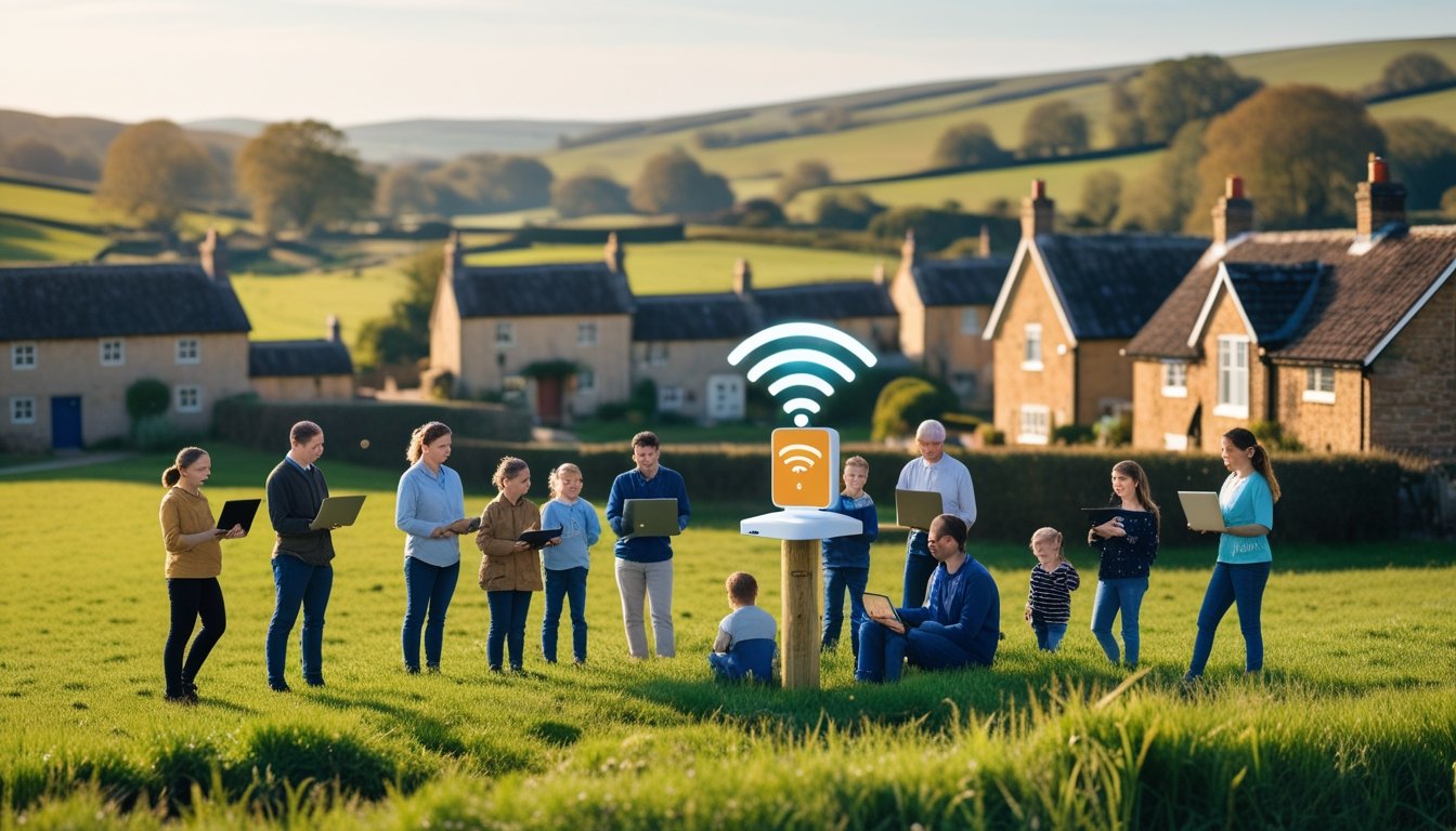 A group of people in a rural UK village using devices outdoors near a Wi-Fi router mounted on a pole, with cottages and hills in the background.