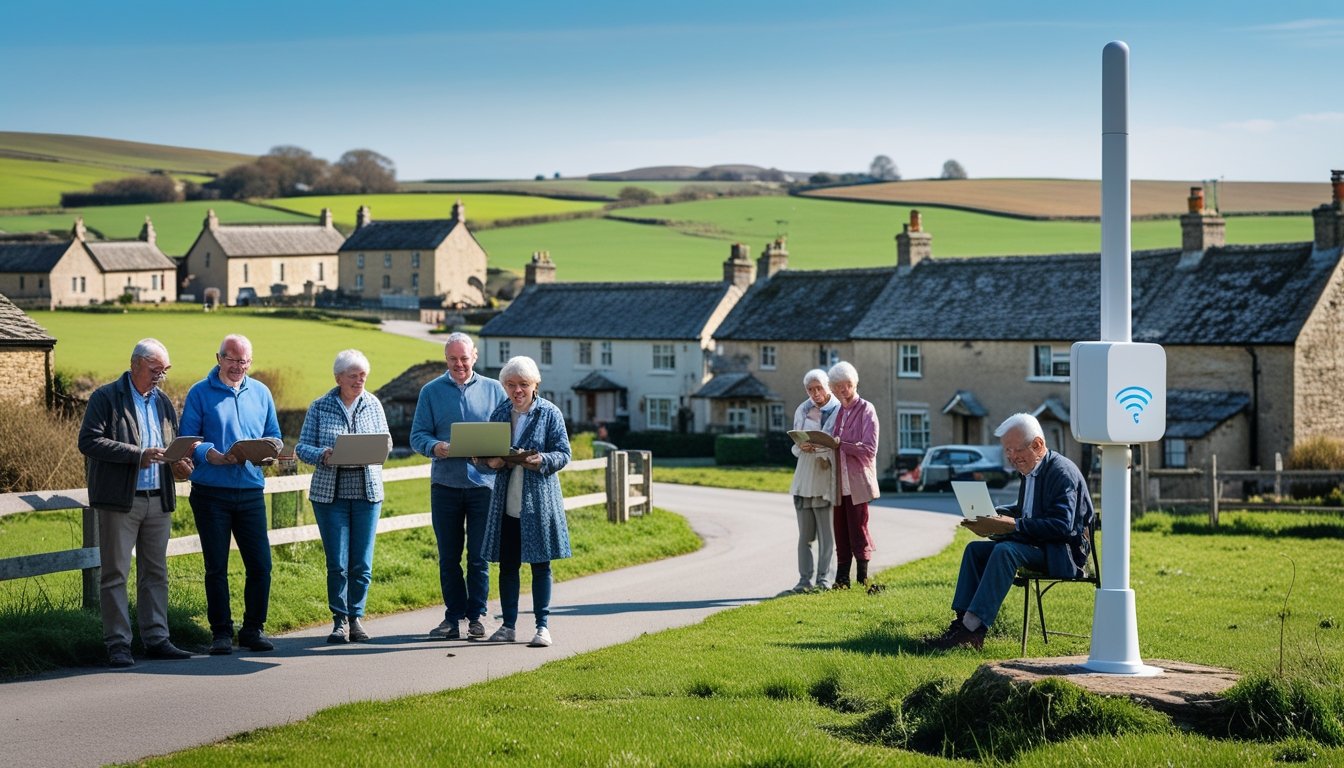 A rural UK village with people using digital devices outdoors near traditional cottages and green fields.
