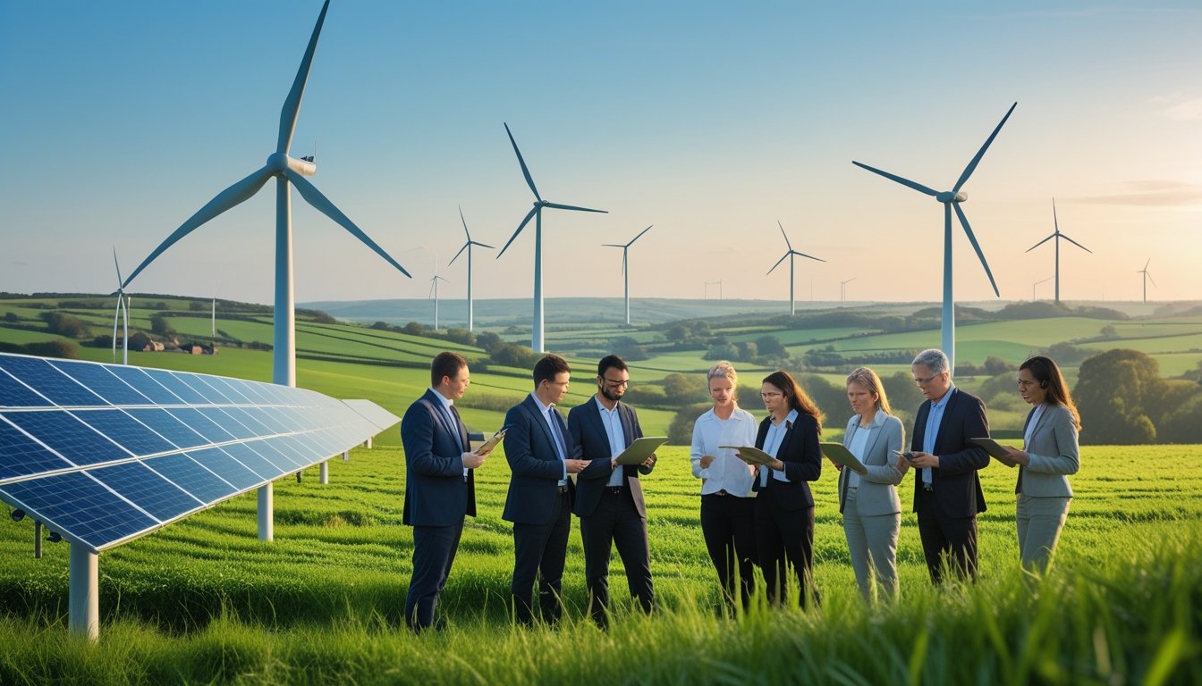UK countryside with wind turbines and solar panels, professionals discussing energy projects in green fields.