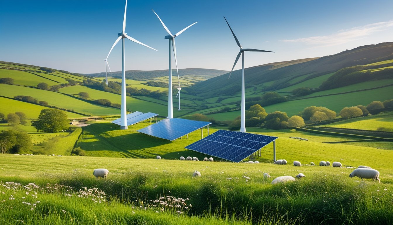 UK countryside with green hills, wind turbines, solar panels, and grazing sheep under a clear blue sky.