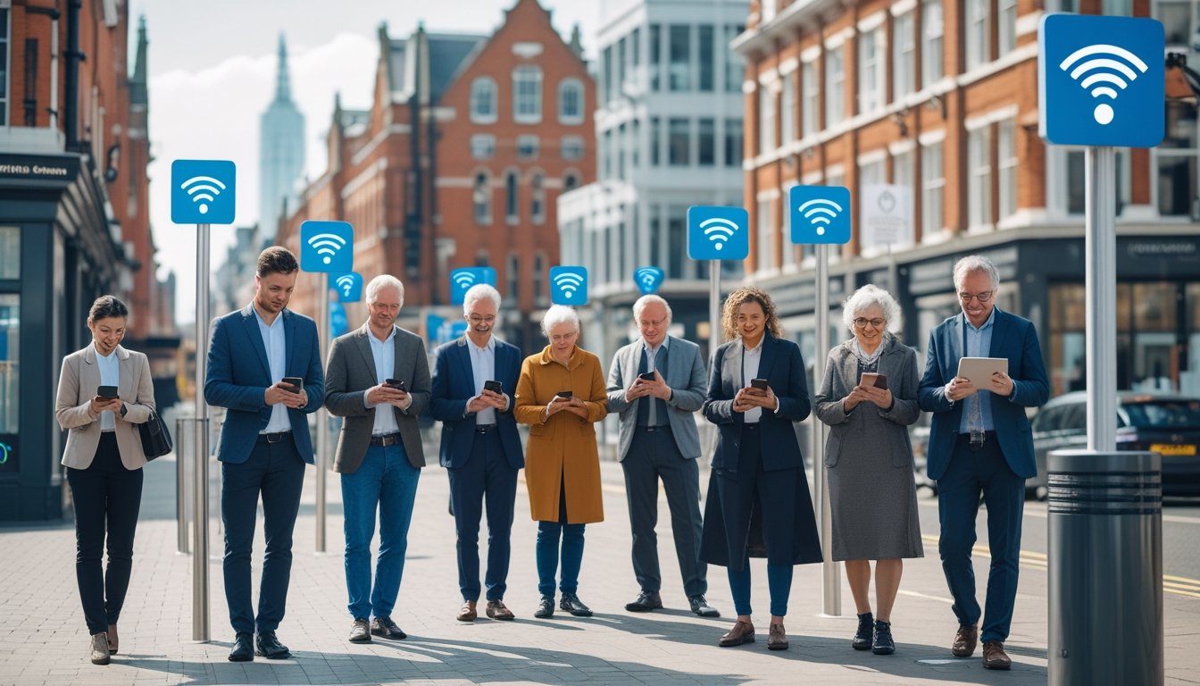 People of different ages using digital devices outdoors in a UK city with visible internet infrastructure and public Wi-Fi signs.