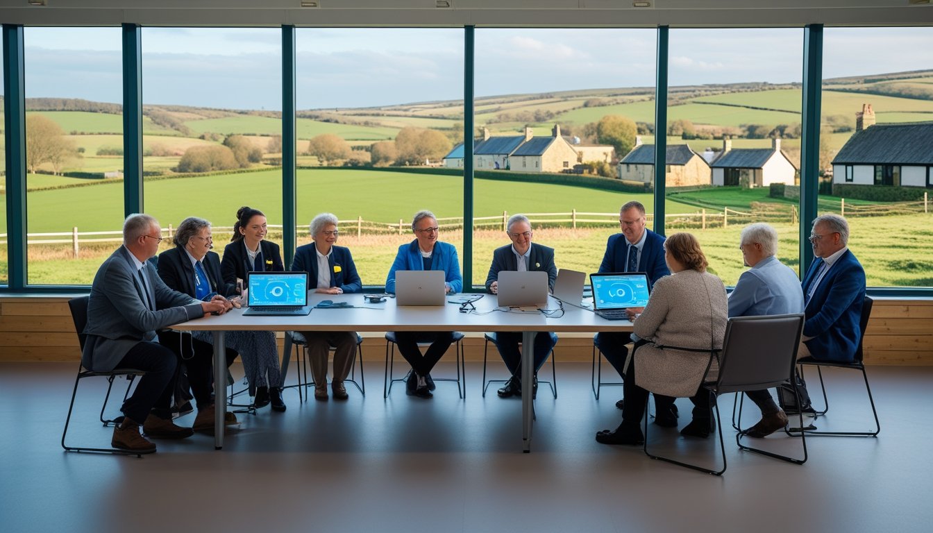 A group of people in a rural community centre in the UK discussing digital technology with laptops and devices, with countryside visible through the windows.