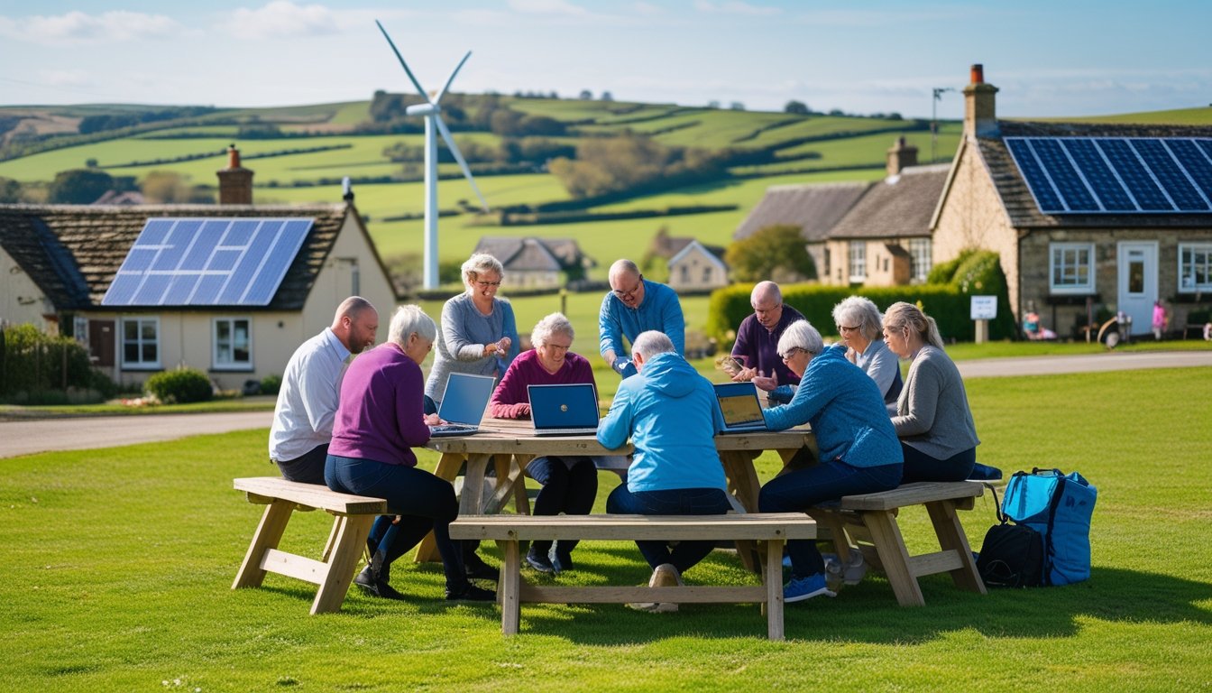 A group of people in a UK rural village working together outdoors using laptops and tablets, with green hills, cottages, solar panels, and wind turbines in the background.