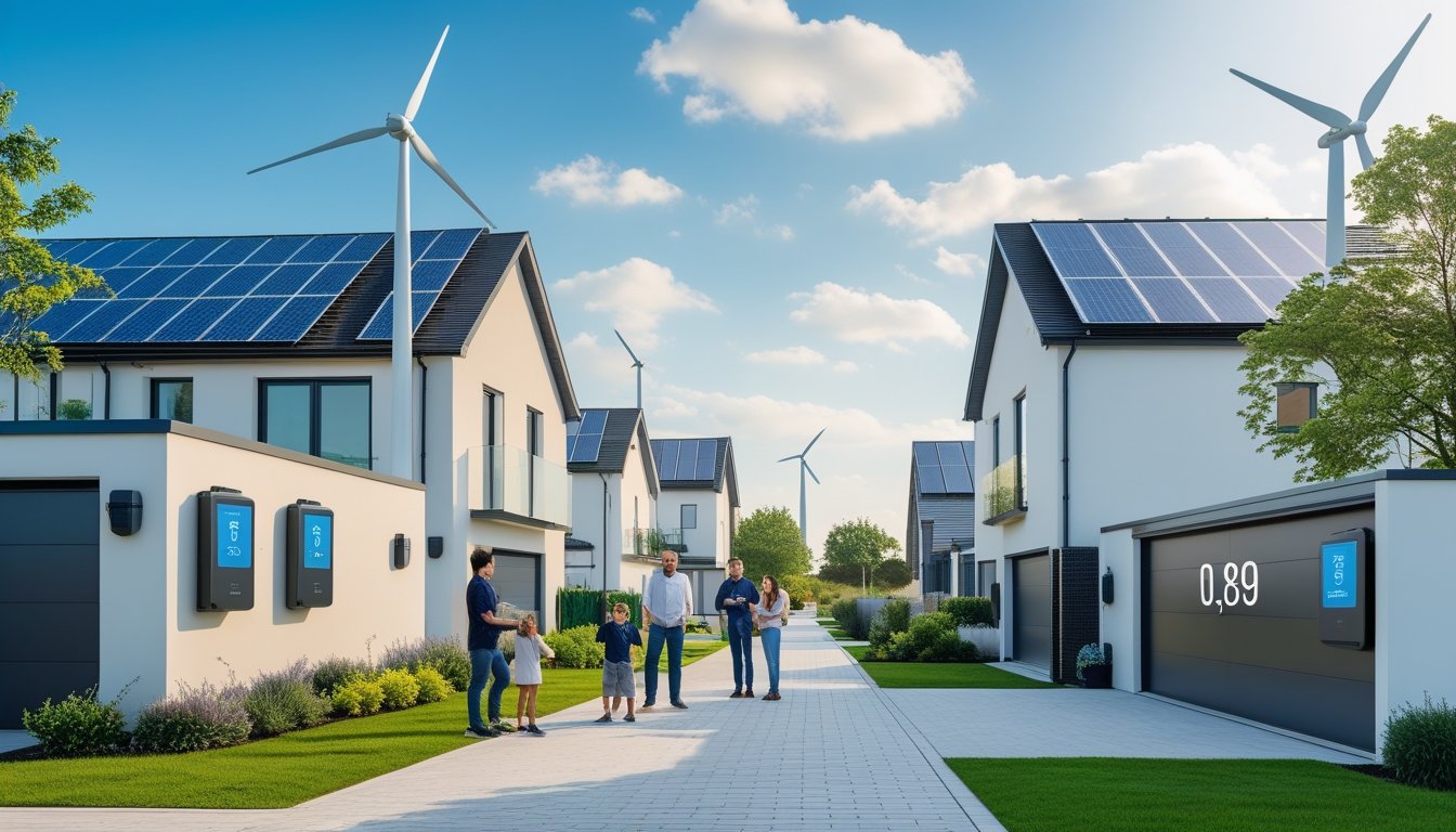 A UK residential neighbourhood with solar panels on roofs, home battery units on walls, small wind turbines nearby, and a family using a tablet outside one house.