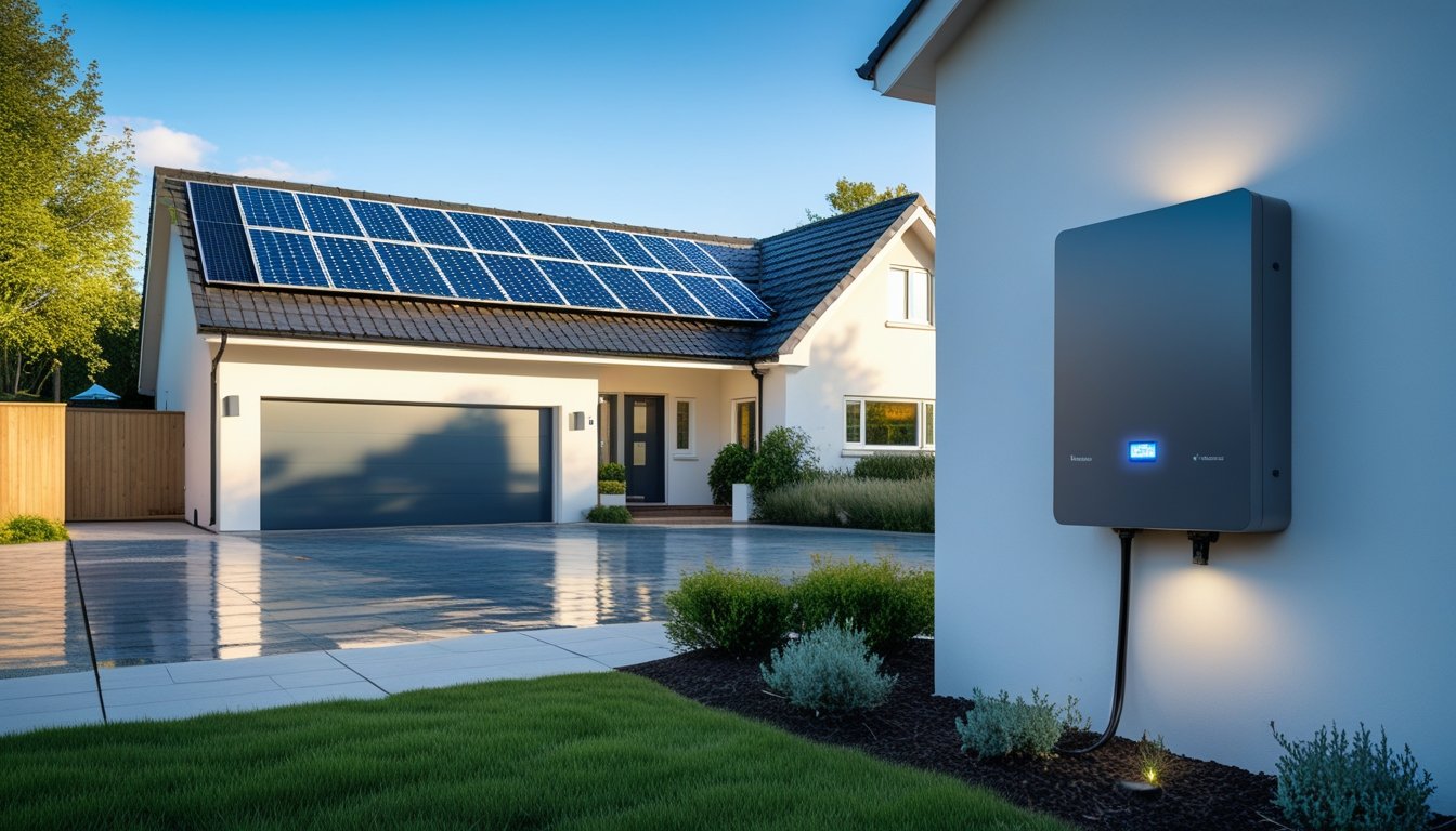 A modern UK house with solar panels on the roof and a home battery storage unit on the exterior wall in a green garden.
