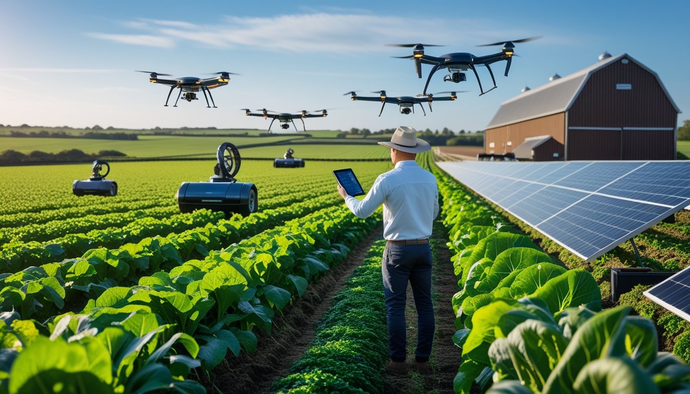 A farmer using a tablet on a green farm with drones flying overhead and autonomous machinery working the fields under a clear sky.