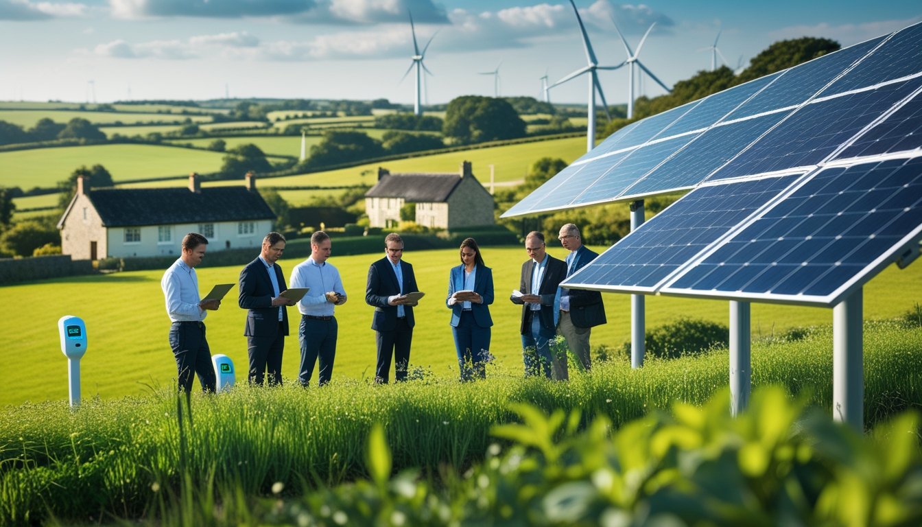 A group of professionals discussing renewable energy technology in a rural UK landscape with solar panels, wind turbines, and countryside homes.