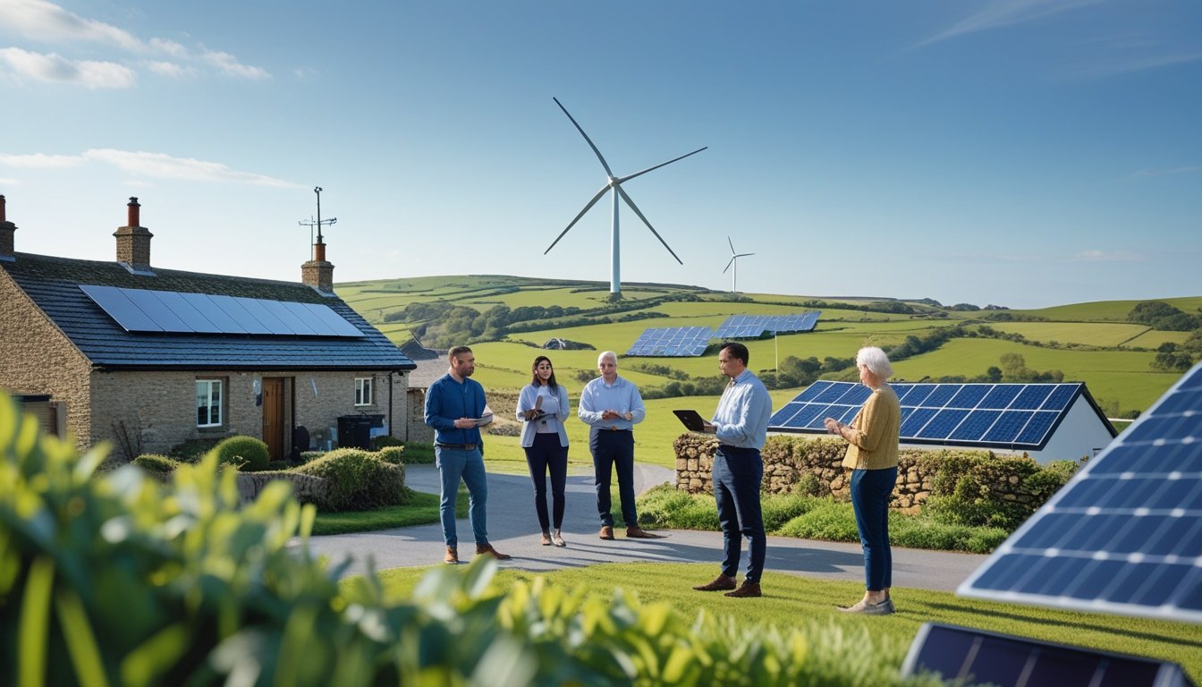 A rural UK landscape with cottages, solar panels, a wind turbine, and people discussing energy technology outdoors.