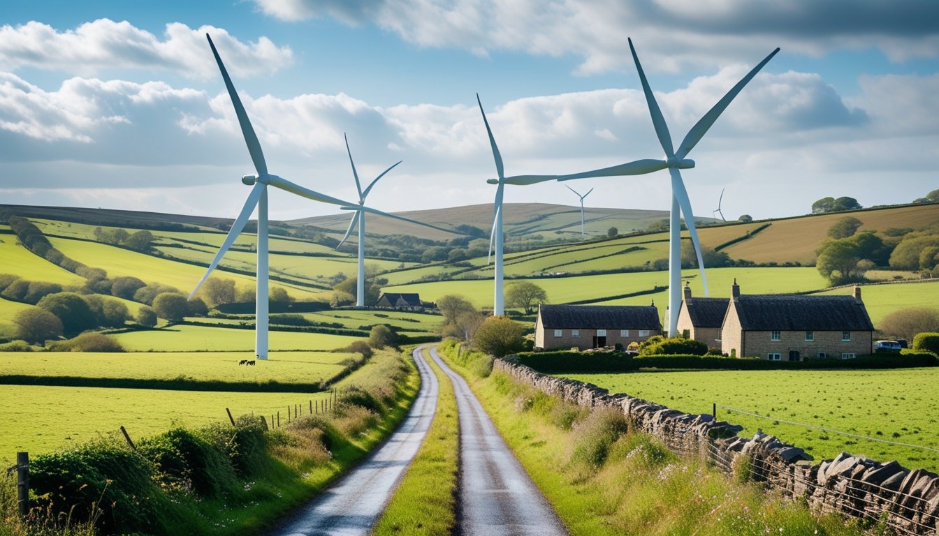 Rural UK landscape with green fields, stone cottages, and several white wind turbines turning in the breeze under a partly cloudy sky.