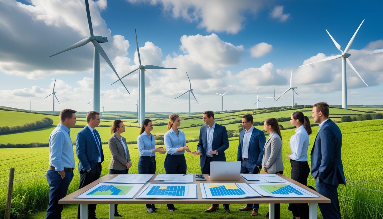 A group of professionals discussing plans outdoors near wind turbines in a UK rural landscape with green hills and farmland.