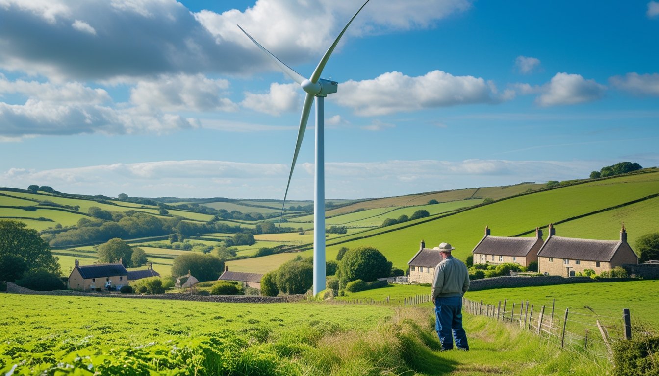 A wind turbine standing in a green rural UK landscape with hills and cottages, and a person observing it.