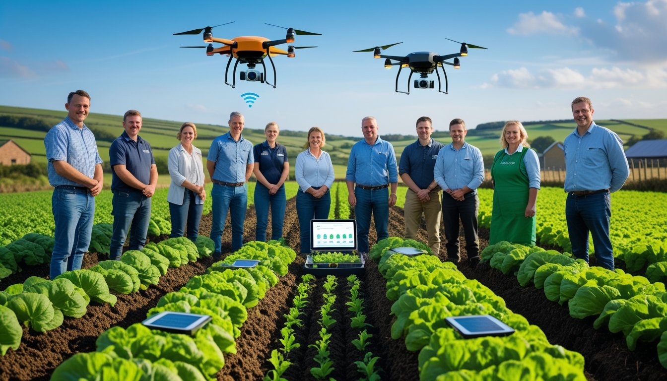 Farmers in a UK rural field using modern technology alongside traditional tools to manage crops sustainably.