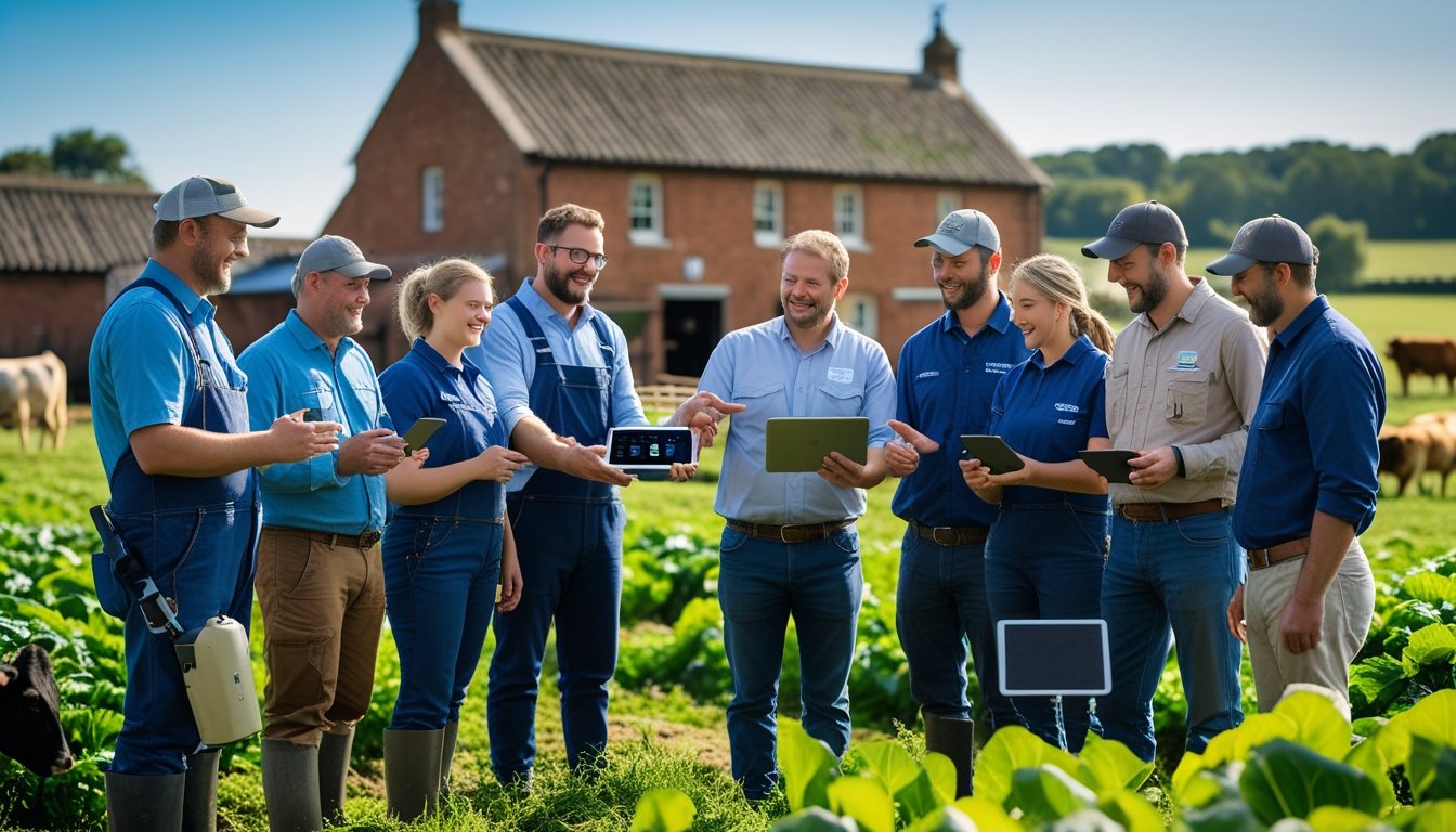 A group of farmers and experts in a rural UK farm field using digital devices and farming equipment while discussing and working together.