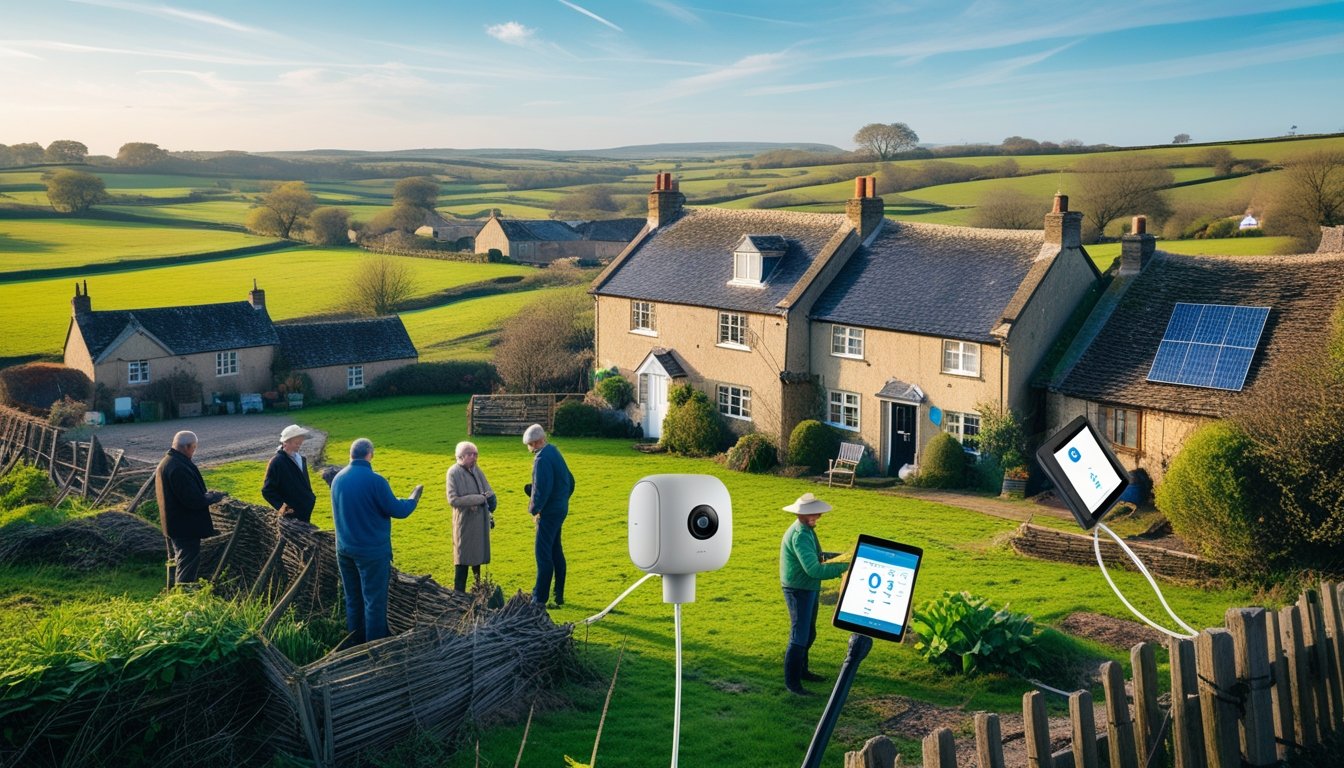 People in a rural UK village using smart gadgets like a security camera, weather station, and tablet among traditional cottages and green fields.