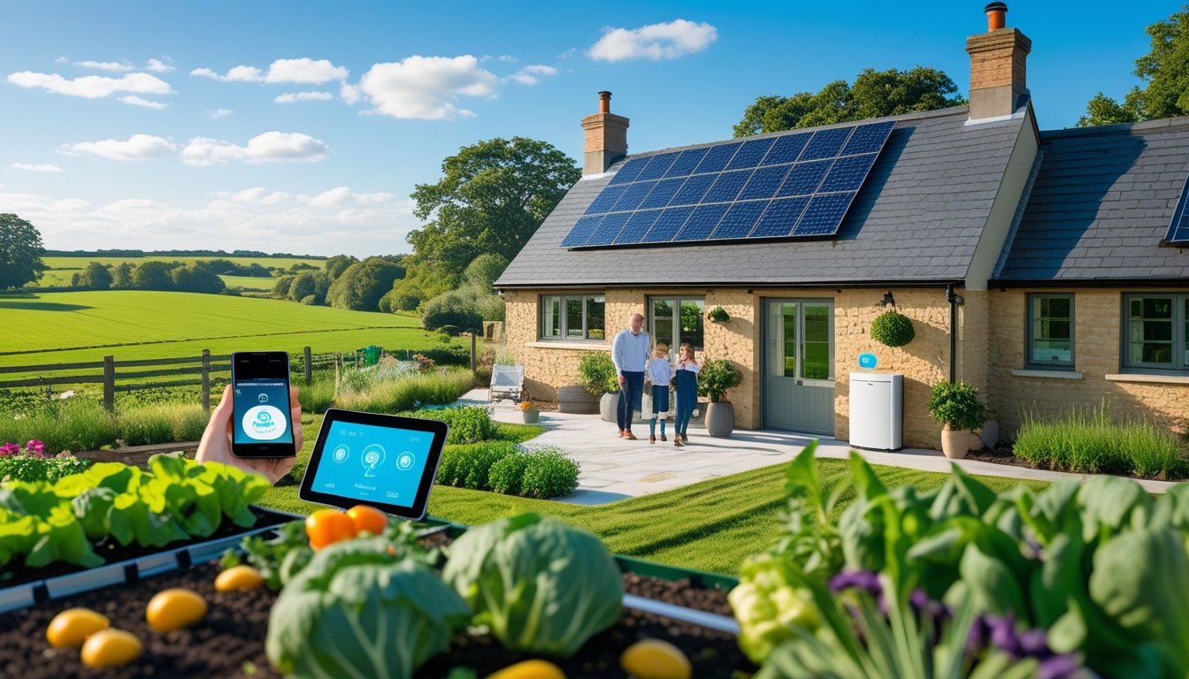 A modern rural UK home with solar panels, smart devices, and a family using a tablet in a green countryside setting.