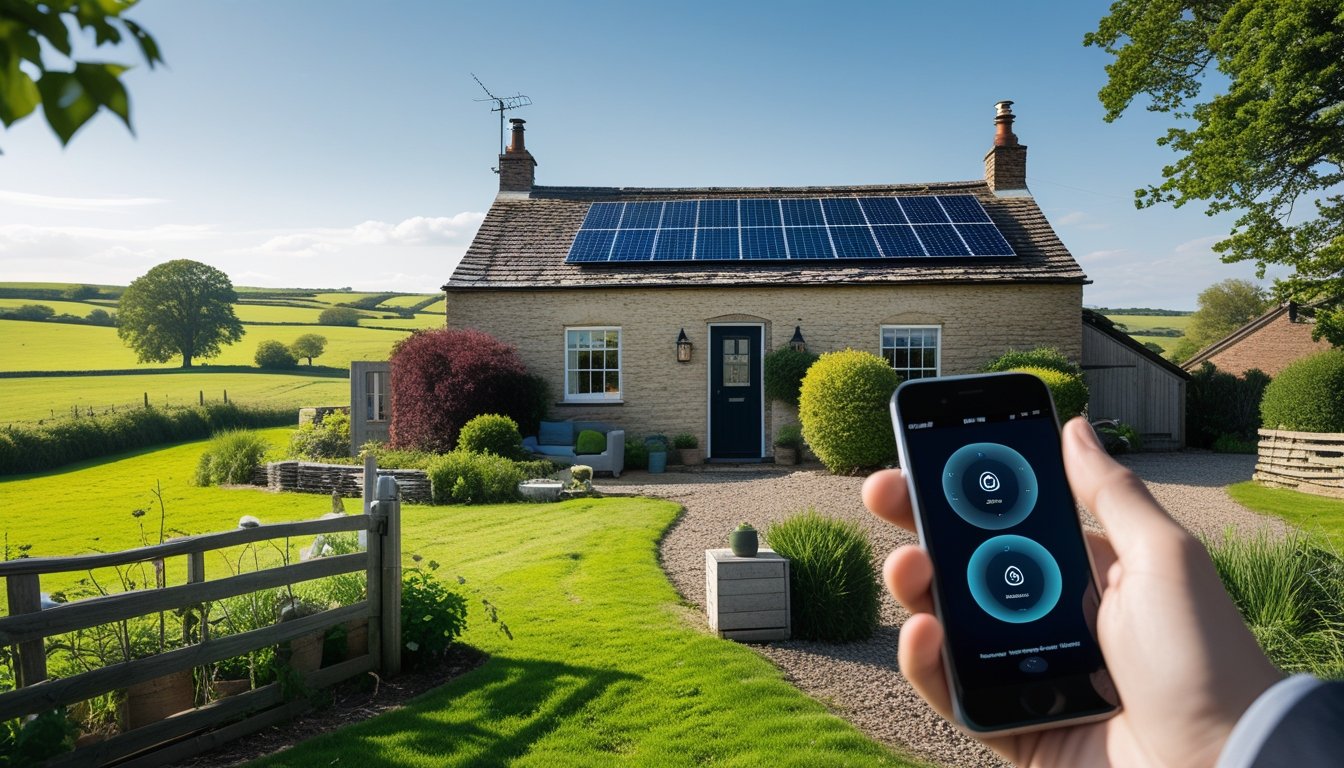 A countryside cottage in the UK with a person using a smart home device outside, surrounded by green fields and solar panels on the roof.