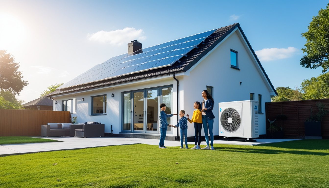 A modern UK home with solar panels and a heat pump outside, a family of three standing nearby in a sunny garden.