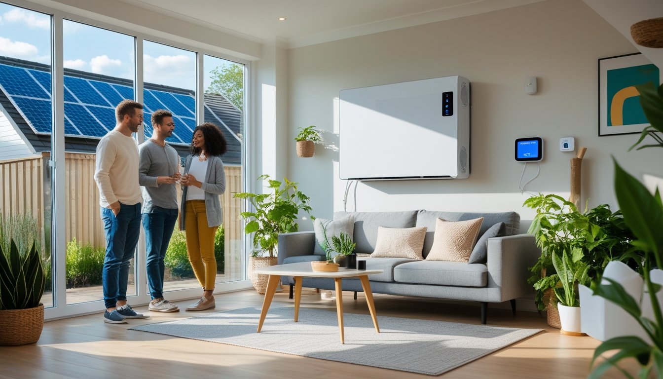 A family in a modern UK living room with a heat pump system and solar panels visible outside.
