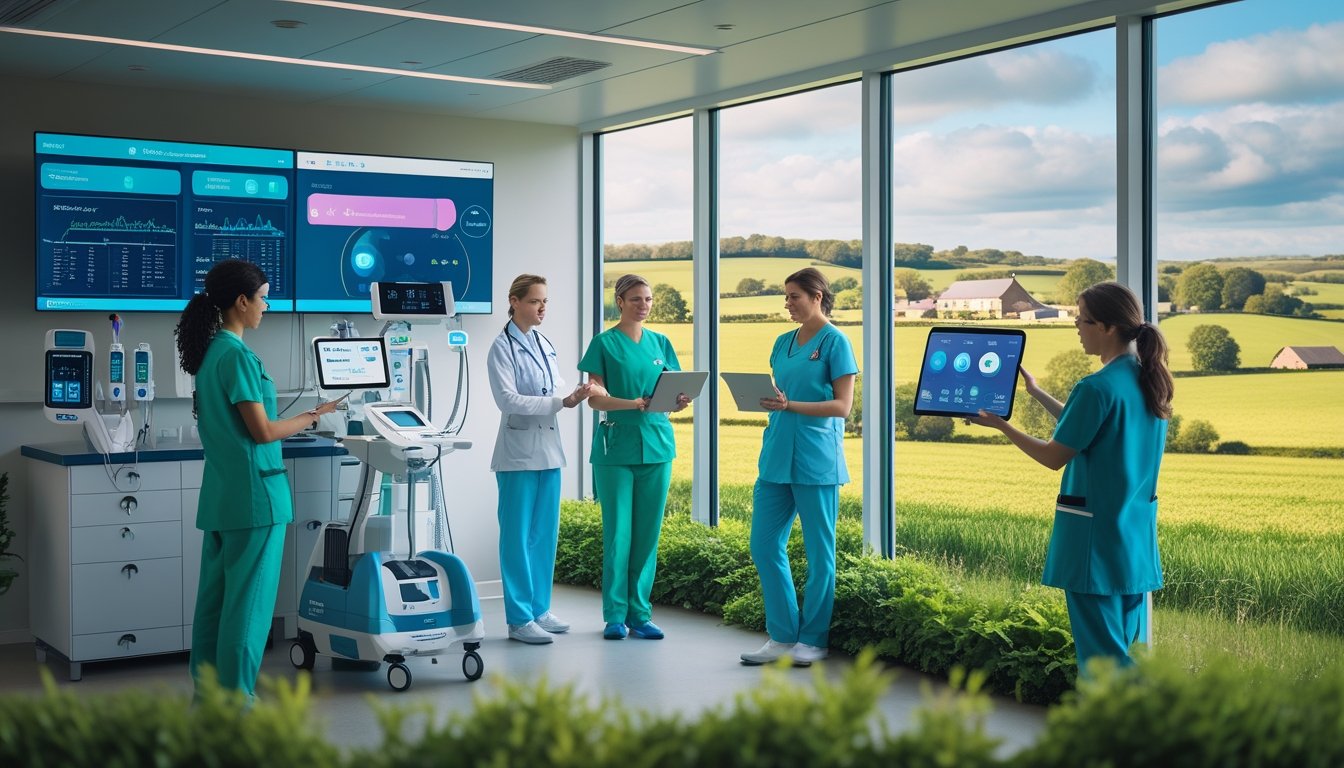 Healthcare professionals using advanced medical technology in a rural clinic with countryside visible outside.