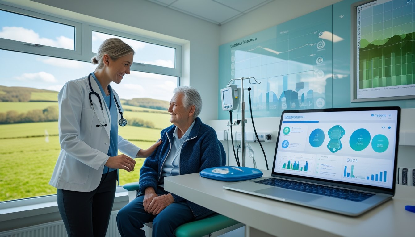 Healthcare professional consulting with a rural patient in a bright clinic with a laptop showing digital health data and a window overlooking green fields.