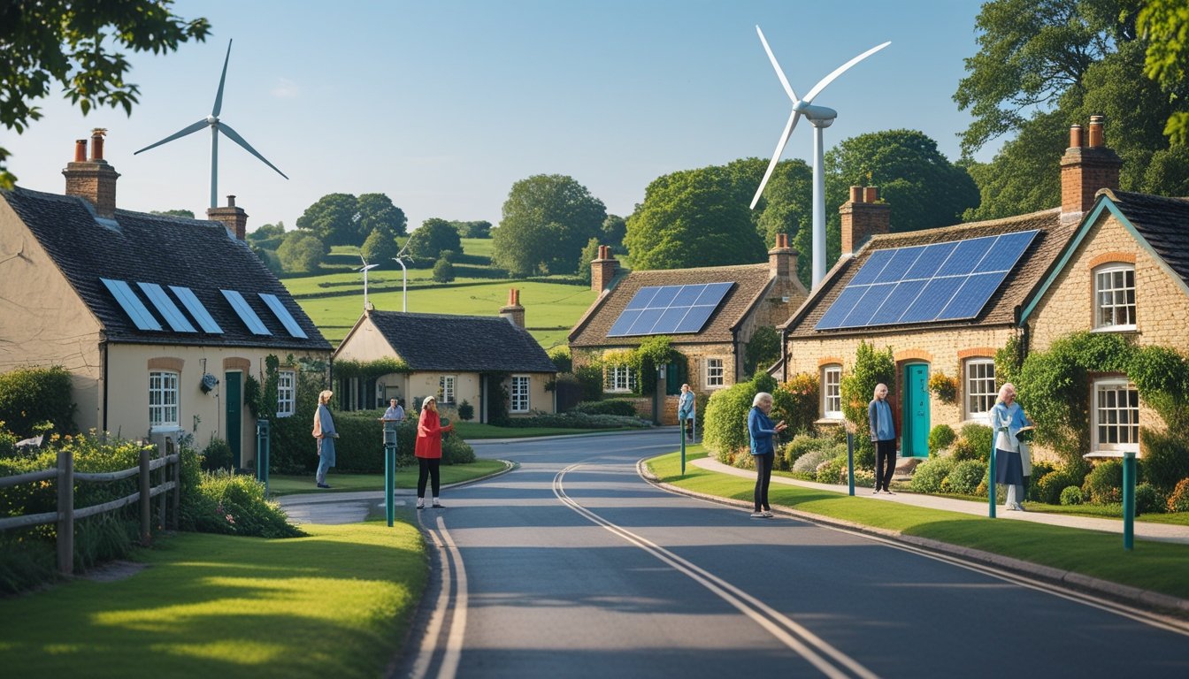 A UK village with traditional cottages, solar panels, wind turbines, and villagers using digital devices outdoors.
