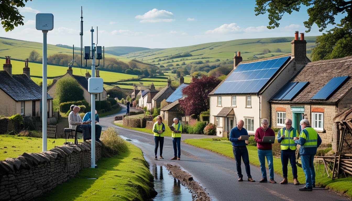 A rural UK village with cottages, green hills, and workers installing telecommunications equipment, while villagers use laptops and smartphones outdoors.