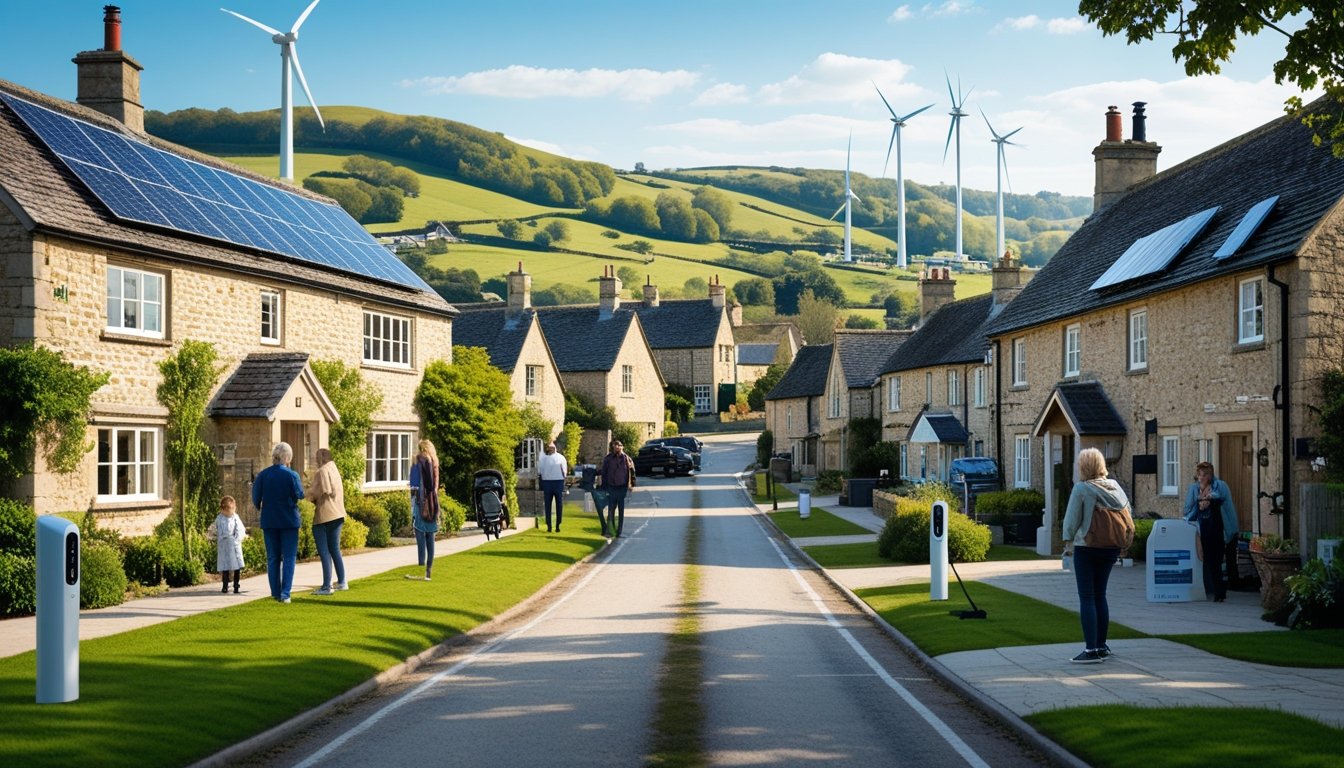A UK village with stone cottages, greenery, and people using digital devices outdoors, showing solar panels, wind turbines, and electric vehicle chargers.