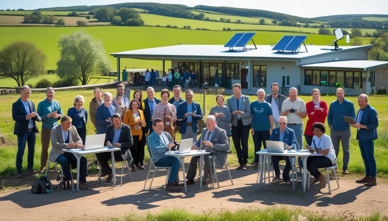 A group of diverse people using digital devices outdoors in a green countryside setting, working together near a community building with technology equipment.