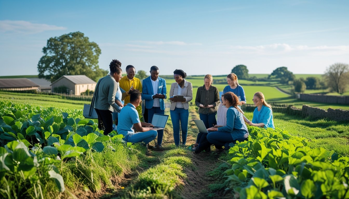 A group of people in a countryside setting using laptops and tablets outdoors near green fields and houses.