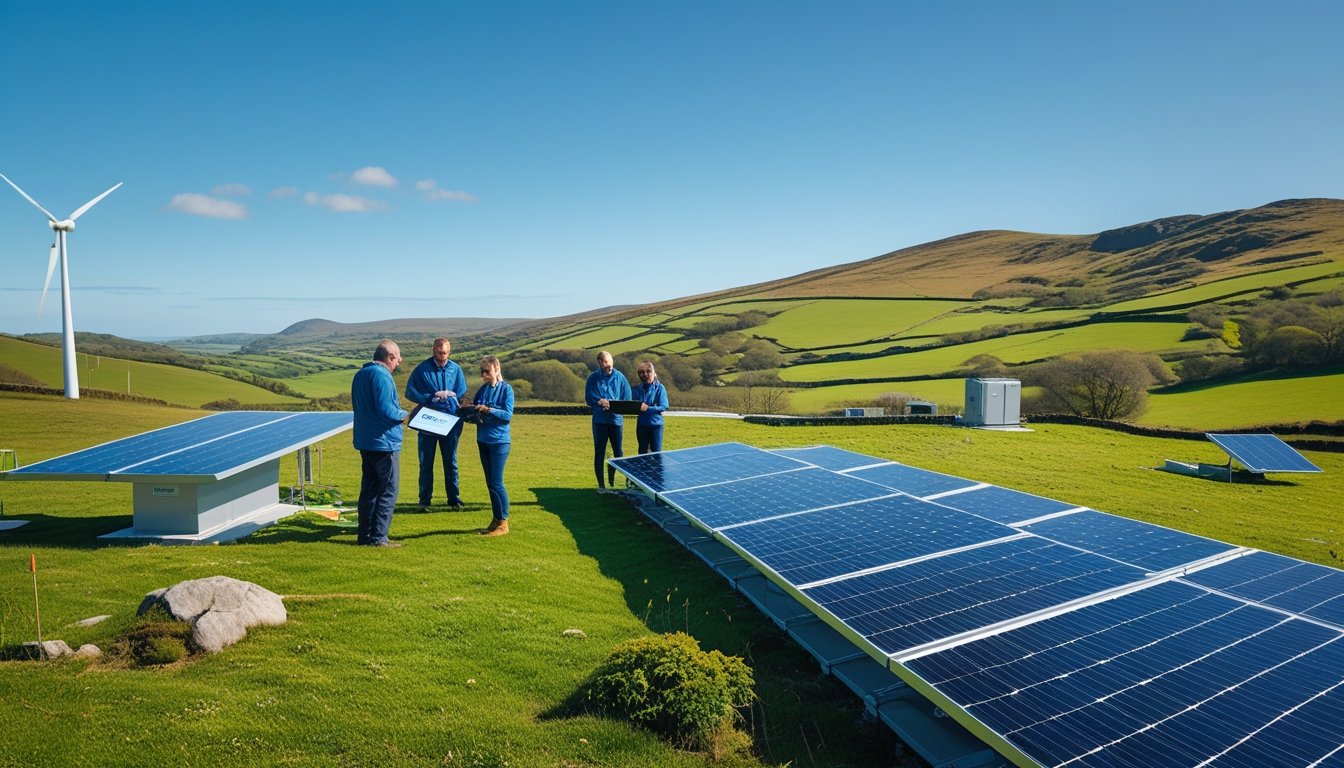 A remote UK village with solar panels and a wind turbine, surrounded by green hills, with people inspecting the energy equipment outdoors.