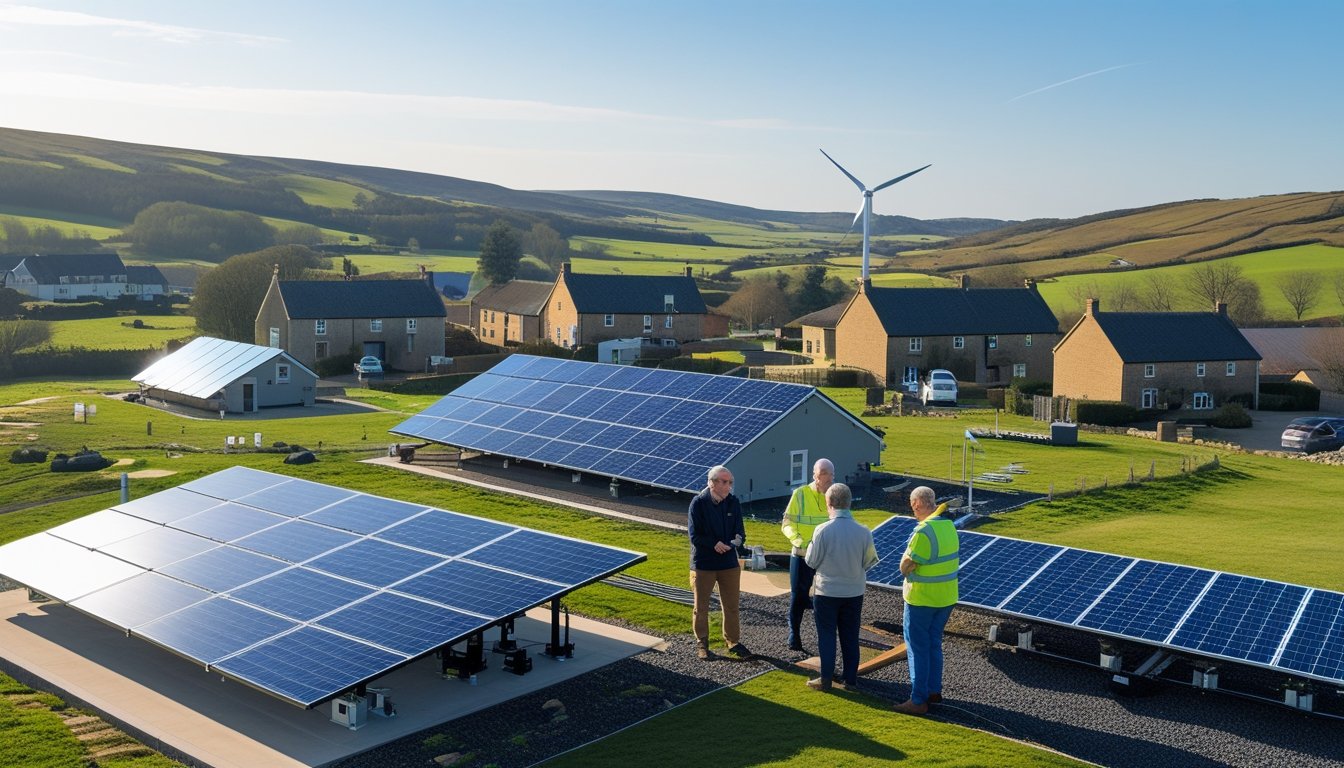 A rural UK village with houses, solar panels, a small wind turbine, and local people discussing near the renewable energy equipment.