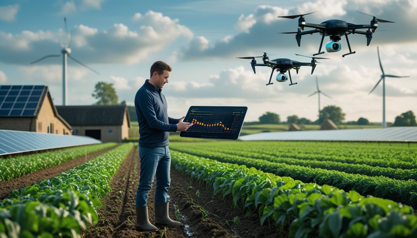 A farmer using a tablet in a green crop field with drones flying overhead and renewable energy sources in the background on a UK countryside farm.