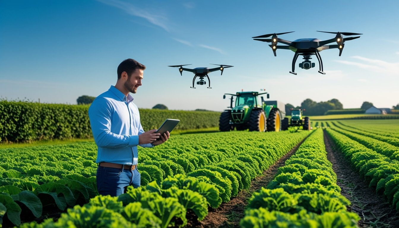 A farmer in a green field using a tablet while drones fly overhead and a tractor works in the background in the UK countryside.