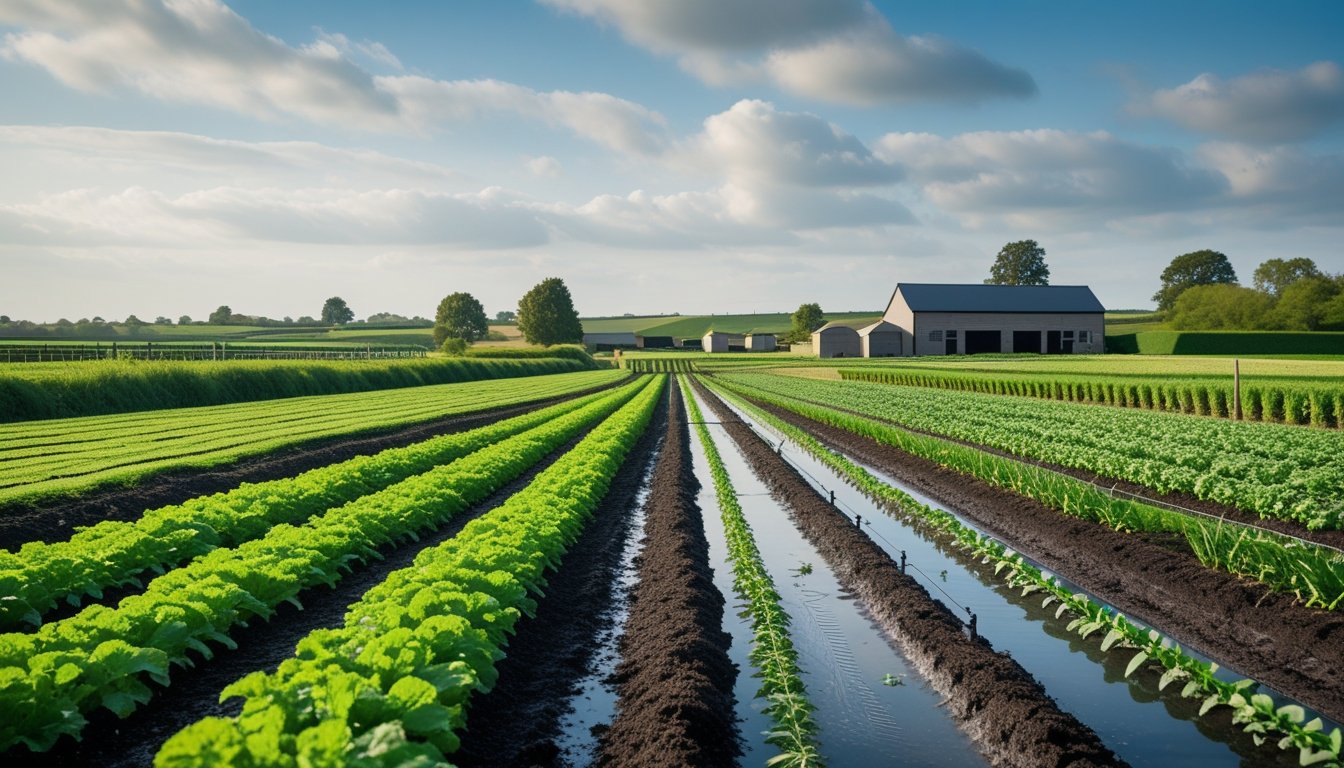 A green UK farm field with healthy crops, terraced soil, water retention features, and a farmhouse in the background under a partly cloudy sky.