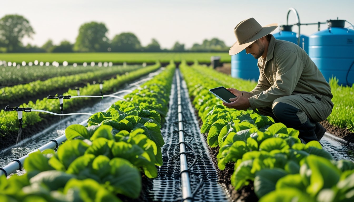 A UK farm field with irrigation systems, a farmer checking a tablet, solar water pumps, and rainwater tanks under a clear sky.