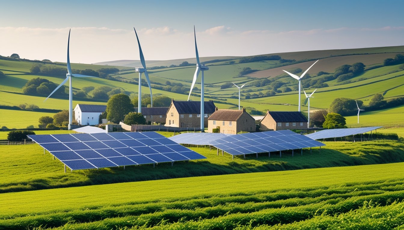 UK countryside with green fields, wind turbines, solar panels, and traditional farm buildings under a clear sky.