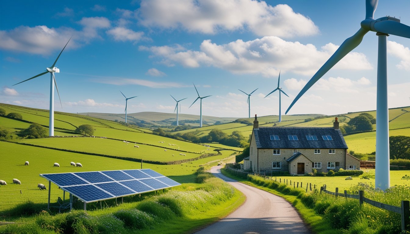 A UK countryside landscape with wind turbines, solar panels near a stone farmhouse, green hills, and grazing sheep.