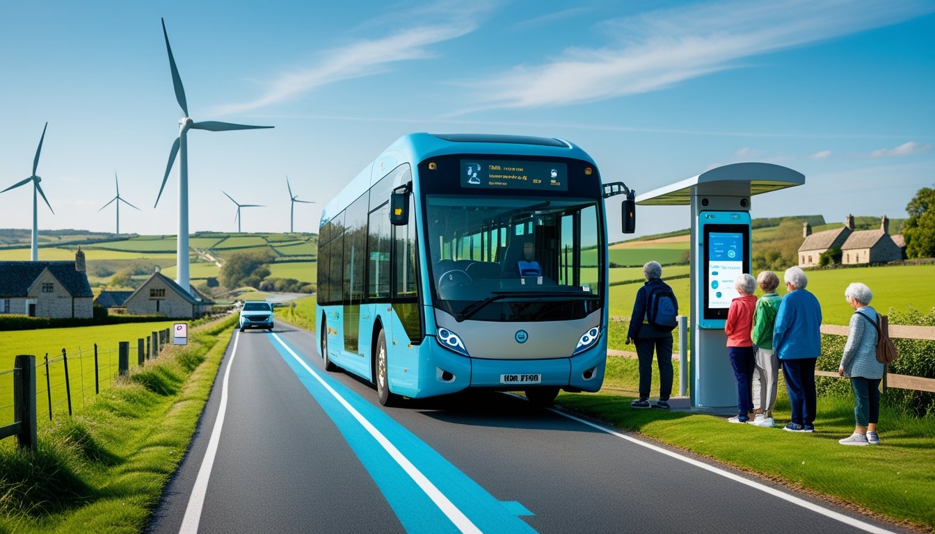 An autonomous electric bus on a countryside road near a village with people waiting at a smart bus stop surrounded by green fields and wind turbines.