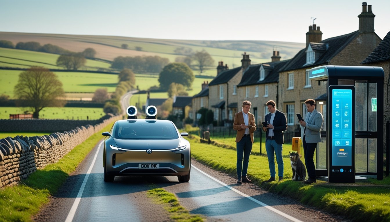 An autonomous electric vehicle driving on a narrow countryside road with green fields and stone walls, a small village with cottages and a digital bus stop nearby, and people using technology.