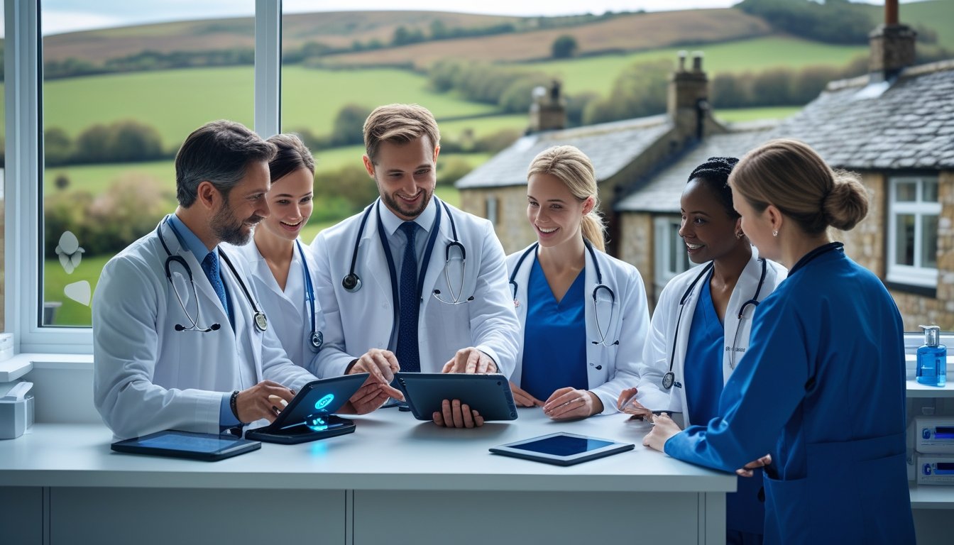 Healthcare professionals using advanced technology in a rural clinic with green hills visible outside.