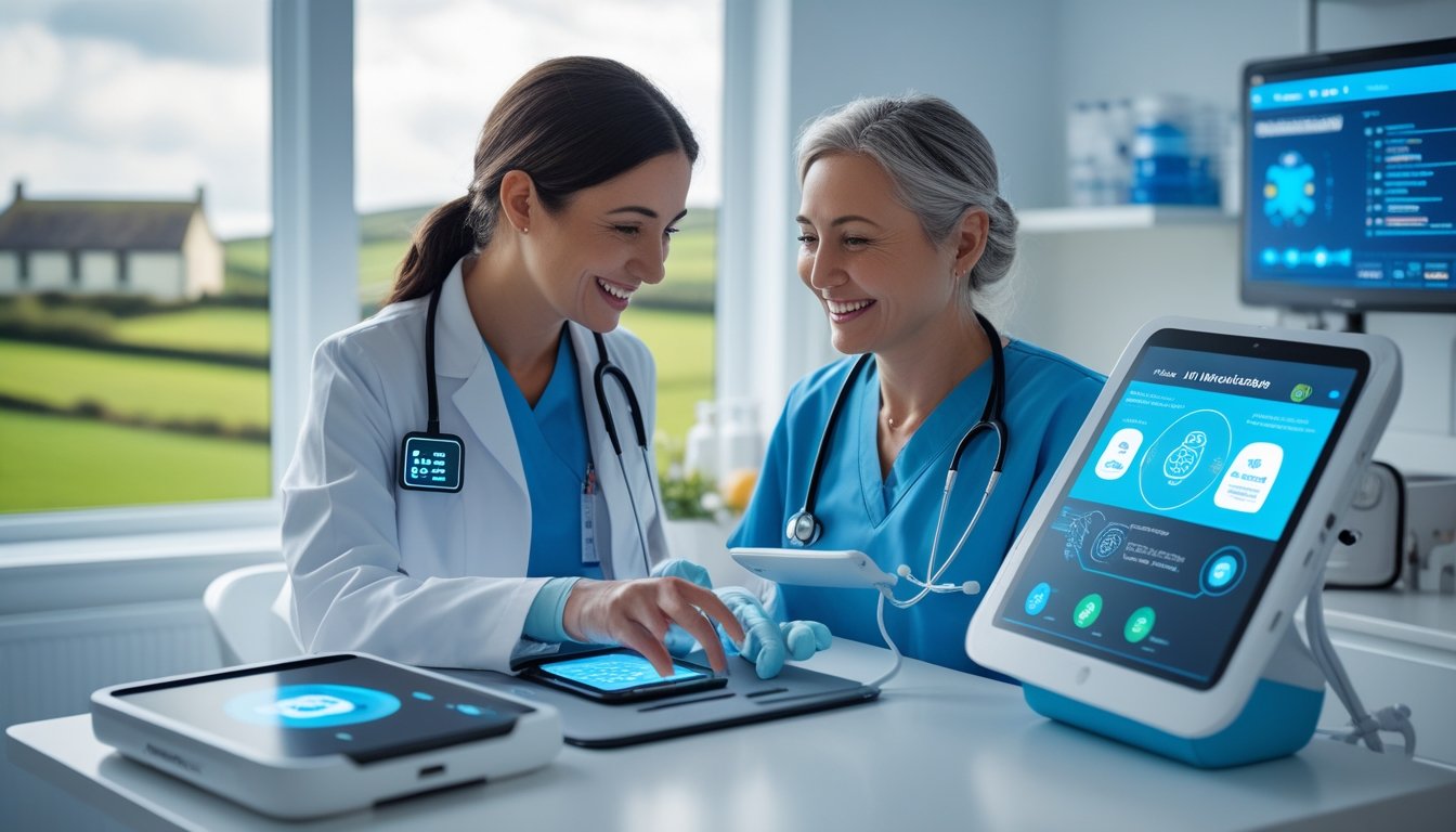 A healthcare professional using advanced technology to assist a patient in a rural clinic with countryside visible outside.