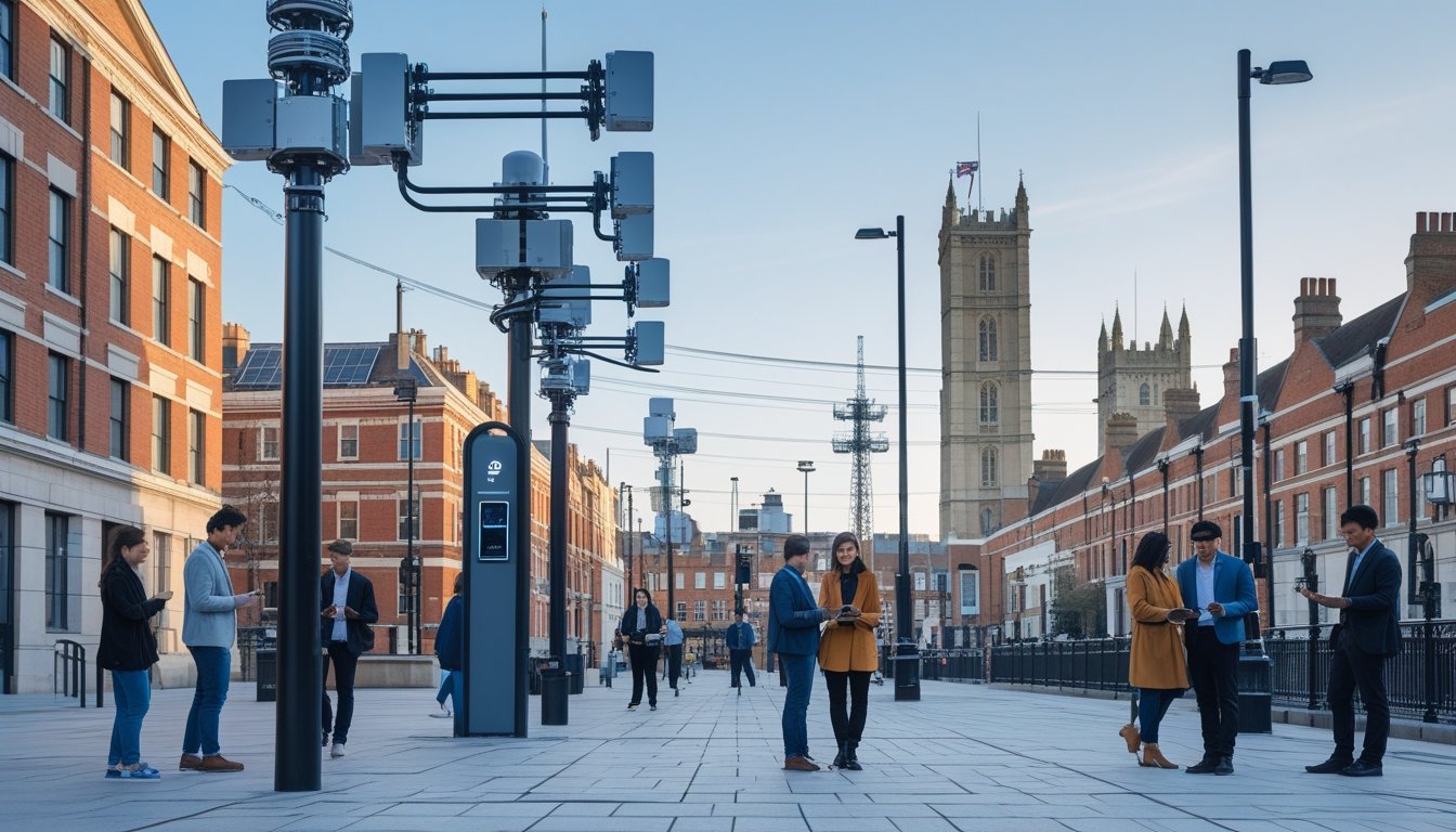 A busy UK city street showing telecommunications equipment and people using mobile devices, illustrating urban internet connectivity.